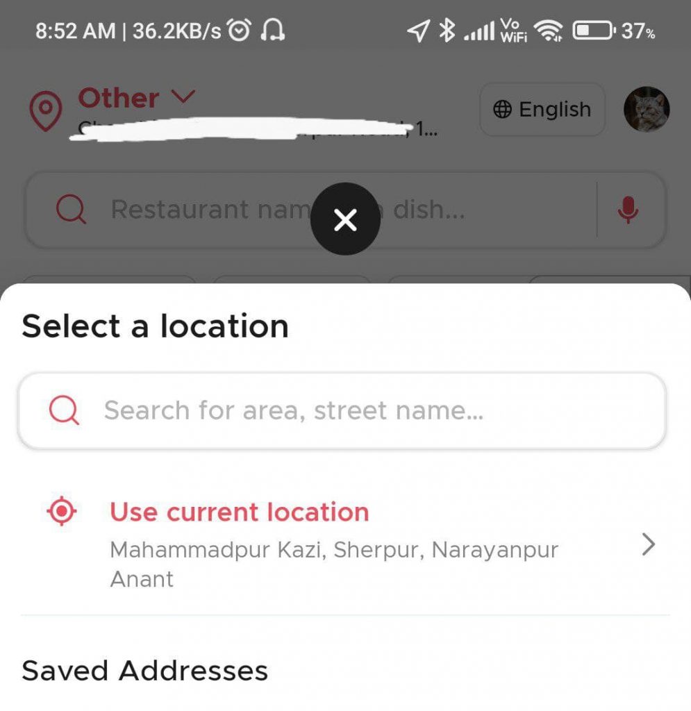 Select Address on Zomato App